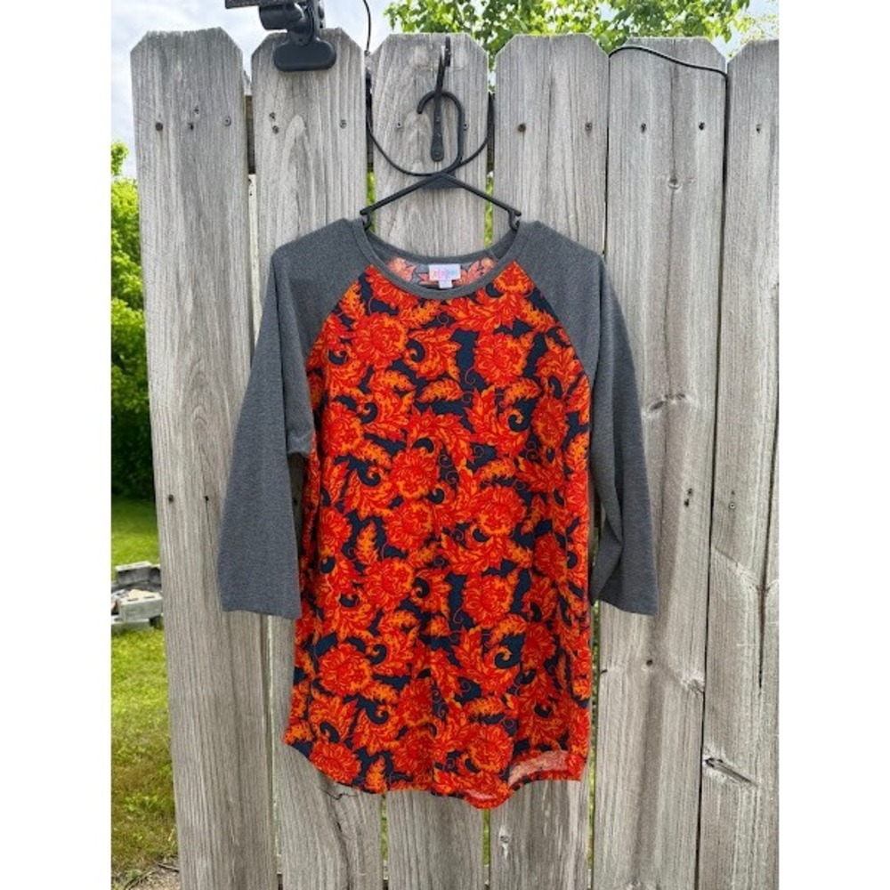 LuLaRoe Randy Baseball Tee Orange Red‎ Floral Paisley Gray Raglan Sleeve Large